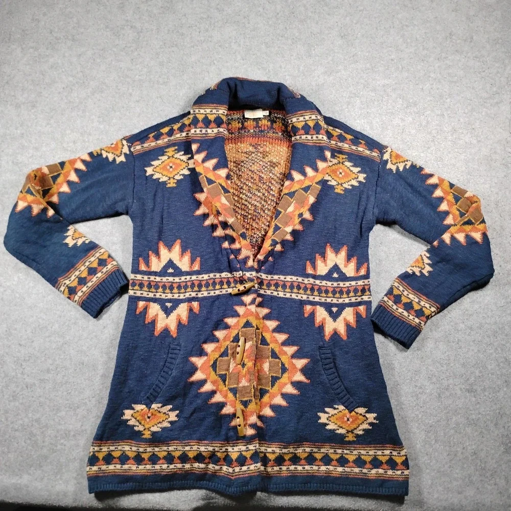 Faherty B.Yellowtail Lodge Cardigan Sweater Women's Small Blue Aztec Tribal Boho